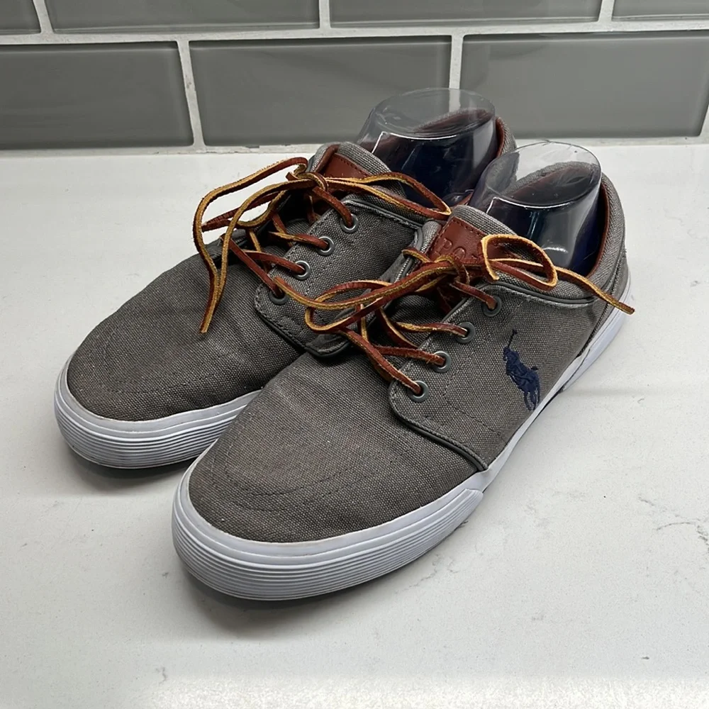 Polo‎ Ralph Lauren Faxon Low Gray Canvas Sneaker Mens Sz 9.5D Blue Pony